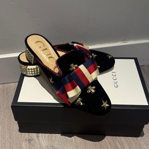 Gucci Women's Black Velvet Mules with Red and Gold Details shoes heels